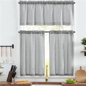 Grey Kitchen Curtains and Valances Set 3 Pieces Linen Tiers and Valance 36 Inch